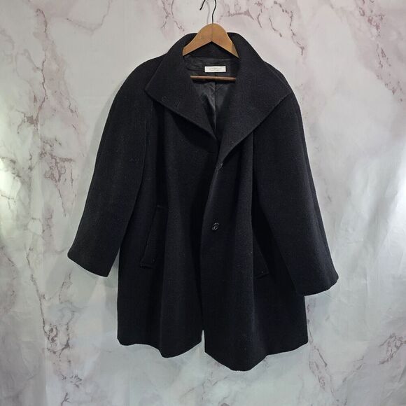 Emanuel Ungaro Coat Women Large 14 Black Wool Blend Pea Funnel Mock Neck Button - Picture 13 of 15